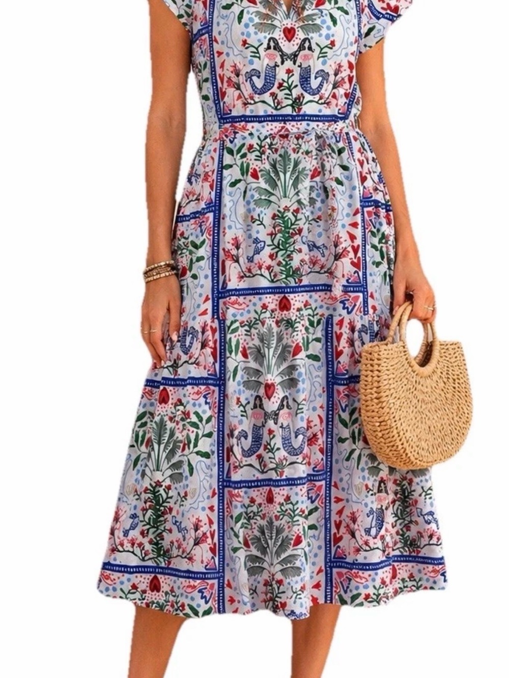 Loft Mermaid Garden Midi Dress Lined Cotton Sundress Size Small Belted